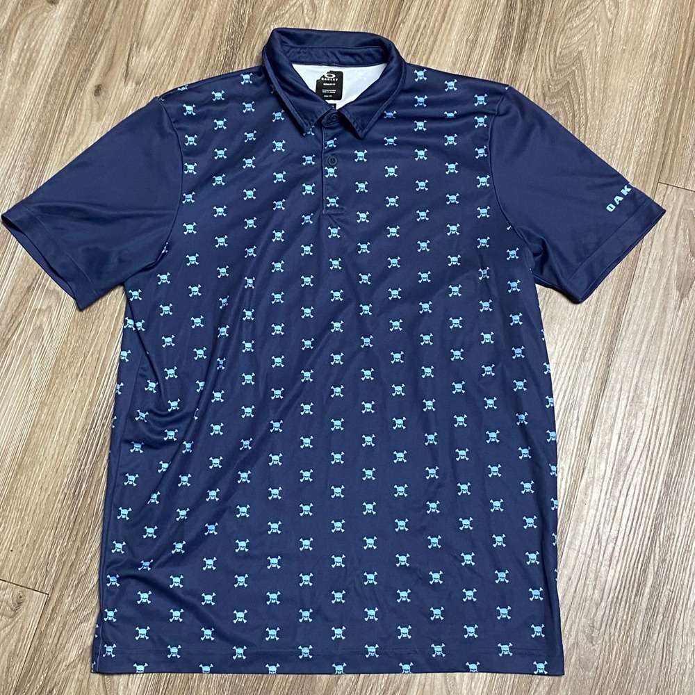 Oakley Mens Skull Crossbones Golf Polo Shirt Navy Blue Regular Fit Medium